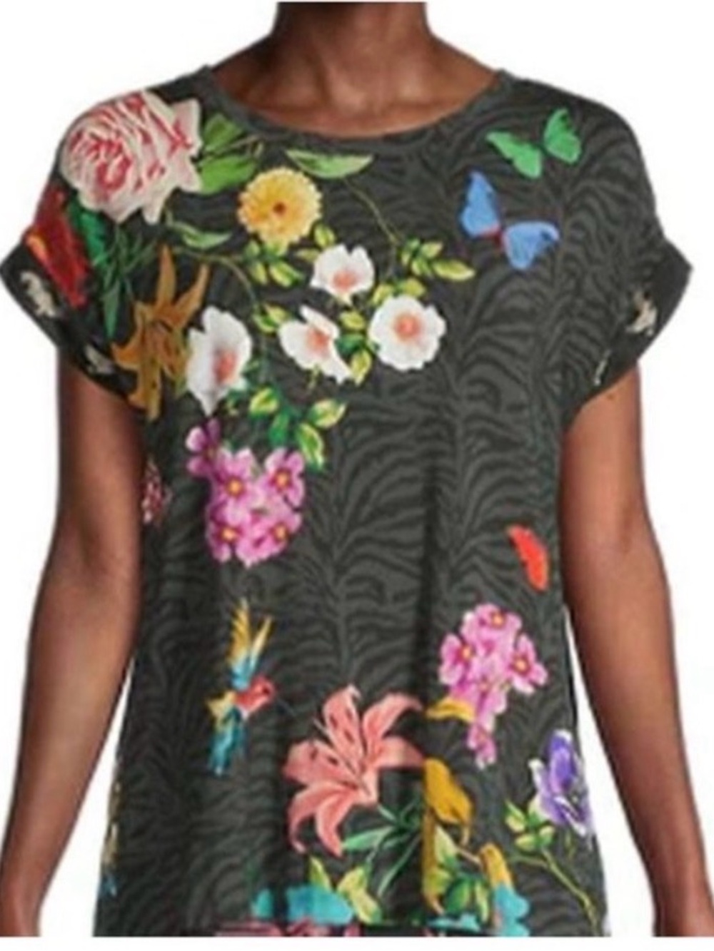 Johnny Was Blooming Breeze Relaxed Tee S Floral Butterfly Zebra